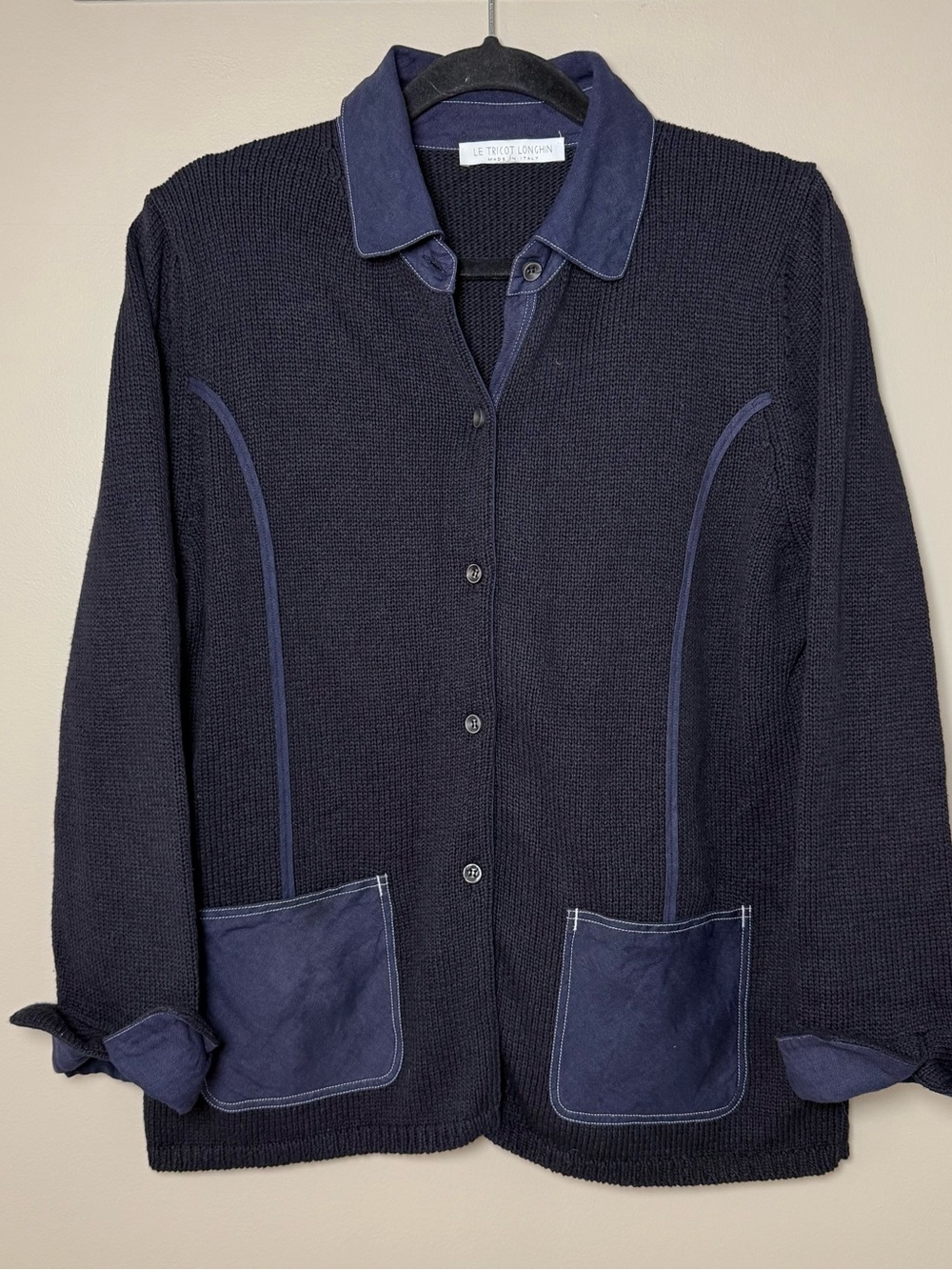 Le Tricot Longhin Italy Linen Cotton Knit Jacket Cardigan Blue Black XL